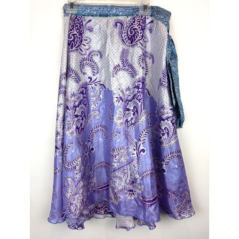 Boho Reversible Wrap Skirt Blue Purple Paisley Silk Blend OS Beachy Coastal Vaca